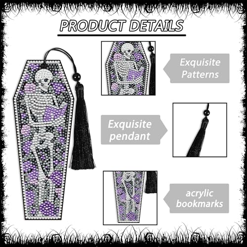 CRASHOT 8 Pcs Gothic Skeleton Diamond Art Bookmarks Kit, Skull Halloween Diamond Painting Bookmarks with Tassels for Adults, DIY Horror Book Mark Craft Set for Women Men Reading Lovers - Image 4