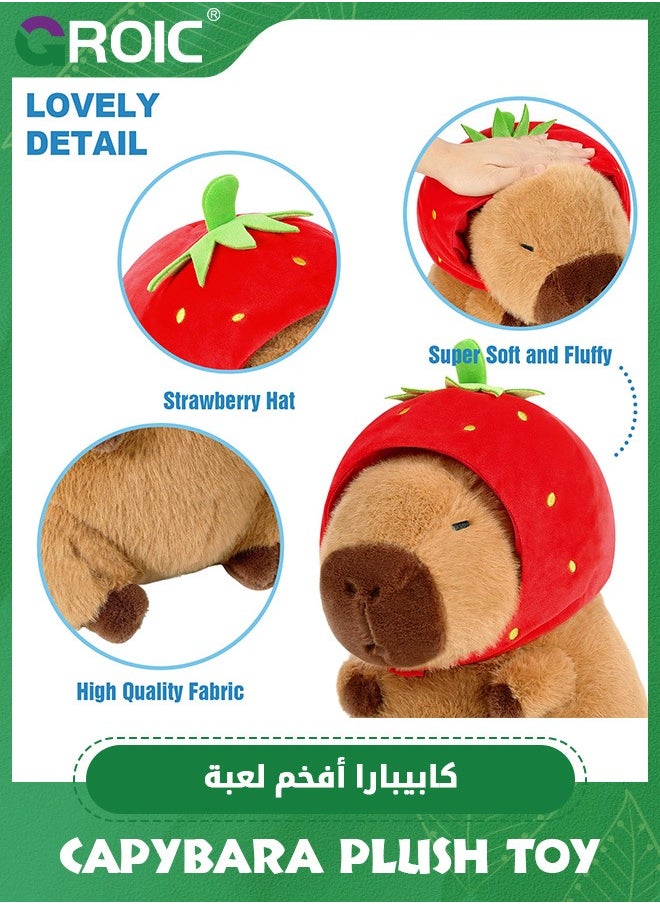 GROIC - Cute Capybara Plush Wear Strawberry Hat, 9.8 inch Kawaii Capybara Stuffed Animal Soft Doll Capybara Toys, Strawberry Capybara Soft Plush Toys Hugging Gifts for Kids - Image 1