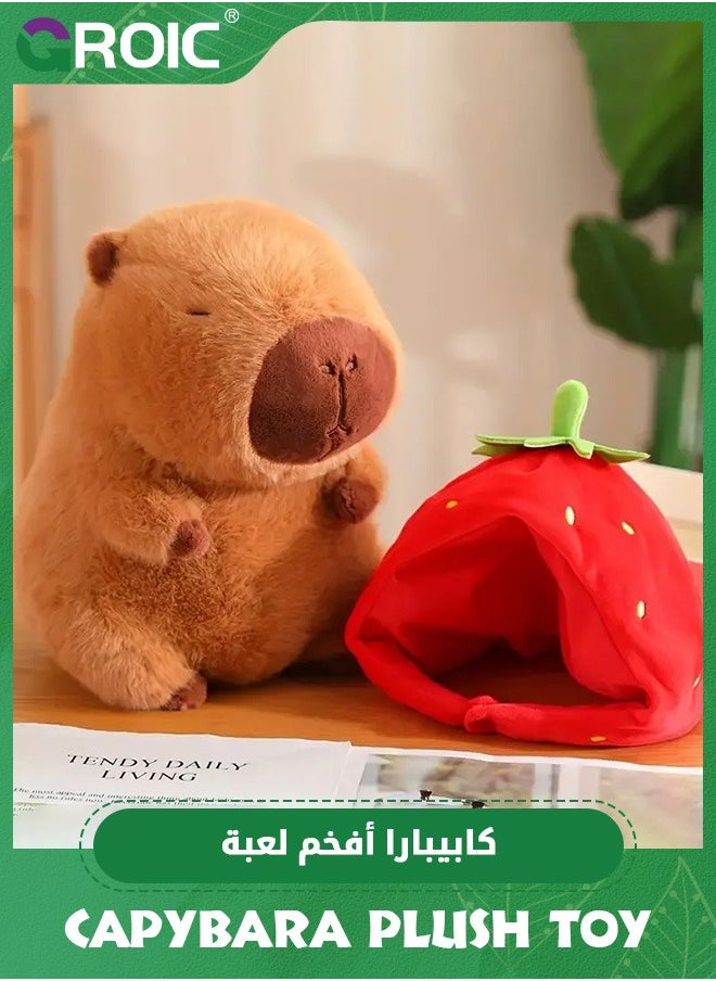 GROIC - Cute Capybara Plush Wear Strawberry Hat, 9.8 inch Kawaii Capybara Stuffed Animal Soft Doll Capybara Toys, Strawberry Capybara Soft Plush Toys Hugging Gifts for Kids - Image 1