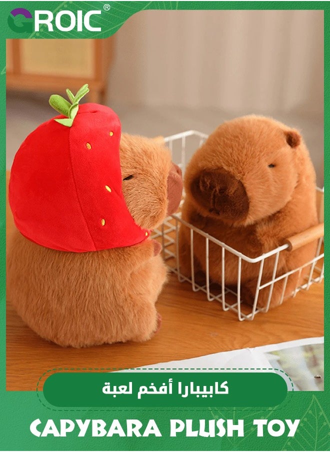 GROIC - Cute Capybara Plush Wear Strawberry Hat, 9.8 inch Kawaii Capybara Stuffed Animal Soft Doll Capybara Toys, Strawberry Capybara Soft Plush Toys Hugging Gifts for Kids - Image 1