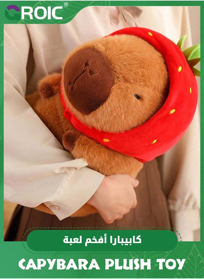GROIC - Cute Capybara Plush Wear Strawberry Hat, 9.8 inch Kawaii Capybara Stuffed Animal Soft Doll Capybara Toys, Strawberry Capybara Soft Plush Toys Hugging Gifts for Kids - Image 1