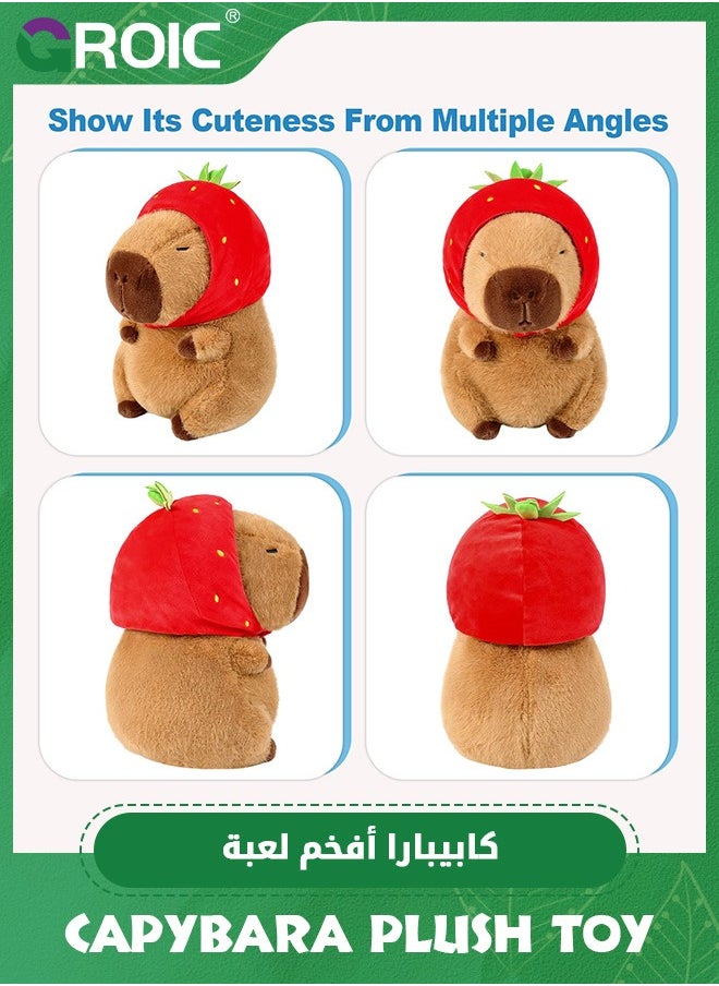 GROIC - Cute Capybara Plush Wear Strawberry Hat, 9.8 inch Kawaii Capybara Stuffed Animal Soft Doll Capybara Toys, Strawberry Capybara Soft Plush Toys Hugging Gifts for Kids - Image 1