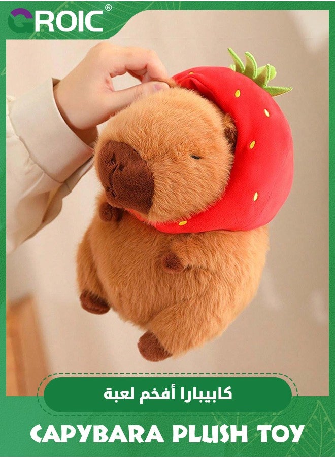 GROIC - Cute Capybara Plush Wear Strawberry Hat, 9.8 inch Kawaii Capybara Stuffed Animal Soft Doll Capybara Toys, Strawberry Capybara Soft Plush Toys Hugging Gifts for Kids - Image 1