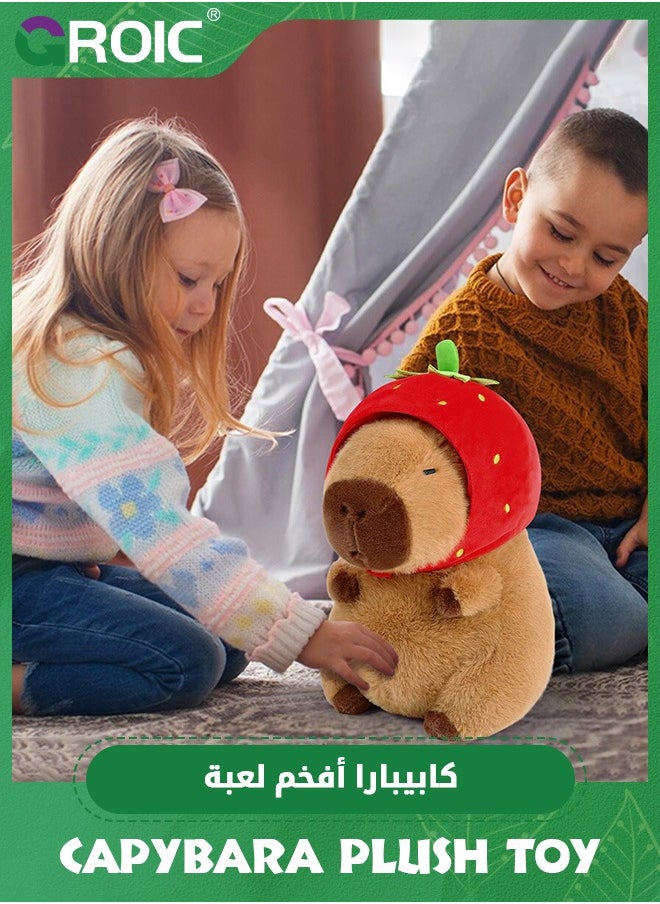 GROIC - Cute Capybara Plush Wear Strawberry Hat, 9.8 inch Kawaii Capybara Stuffed Animal Soft Doll Capybara Toys, Strawberry Capybara Soft Plush Toys Hugging Gifts for Kids - Image 1