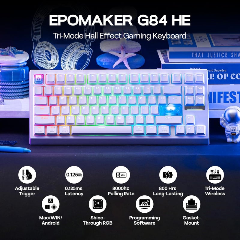 EPOMAKER G84 HE Wireless Hall Effect Keyboard, 8K Polling & 8000mAh, SOCD & DKS, Gaming Keyboard with Fast Trigger & Adjustable Actuation, RGB Backlit, PBT Keycap, Hot-Swap, for WIN/Mac (White) - Image 2
