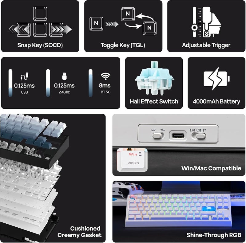 EPOMAKER G84 HE Wireless Hall Effect Keyboard, 8K Polling & 8000mAh, SOCD & DKS, Gaming Keyboard with Fast Trigger & Adjustable Actuation, RGB Backlit, PBT Keycap, Hot-Swap, for WIN/Mac (White) - Image 3