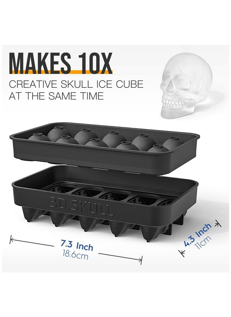 Arabest - 3D Skull Ice Cube Mold, Flexible Silicone Skull Ice Maker Mold - 10 Cavity Skull Ice Cube Tray with Funnel - Skull Silicone Mold for Baking, Chocolate, Candy and Resin - Image 1