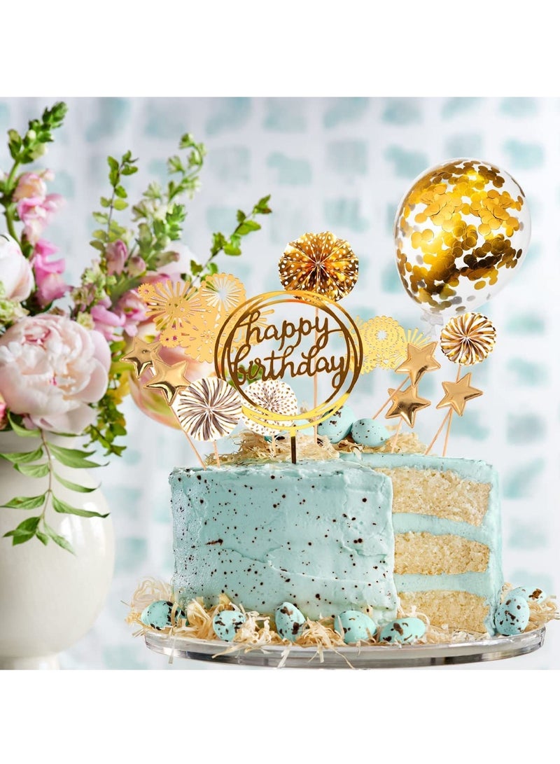 Excefore Cake Decorations 13Pcs Cake Toppers Kit Cupcake Topper with Golden Paper Fans Happy Birthday Acrylic Banner Sequins Balloon Fireworks Stars for Gold Theme Birthday Party Anniversary Cake Decor - Image 2