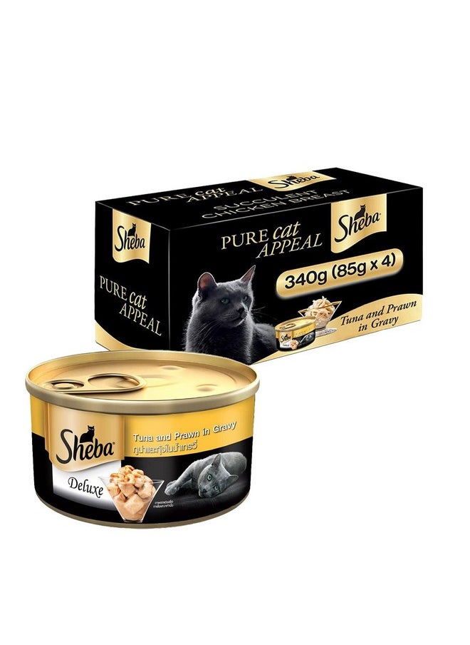 Sheba Deluxe, Premium Adult Wet Cat Food, Tuna & Prawn In Gravy, 4 Cans (4 X 85G), 1 Count  - Image 1