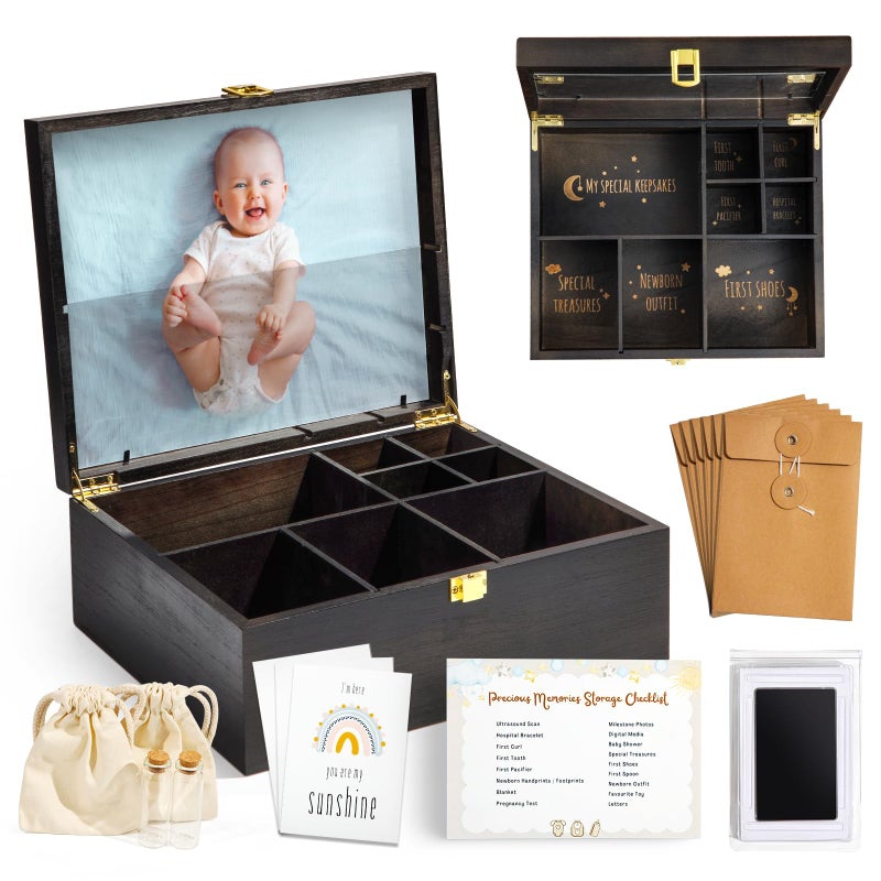 Shinlar Baby Keepsake Box Wooden with 6 Additional Items Baby Shower Gifts for Girls Boys New Mom Newborn Essentials Must Haves Memory Box with Tooth Fairy Tooth Holder Engraved with Guidelines Large - Image 2