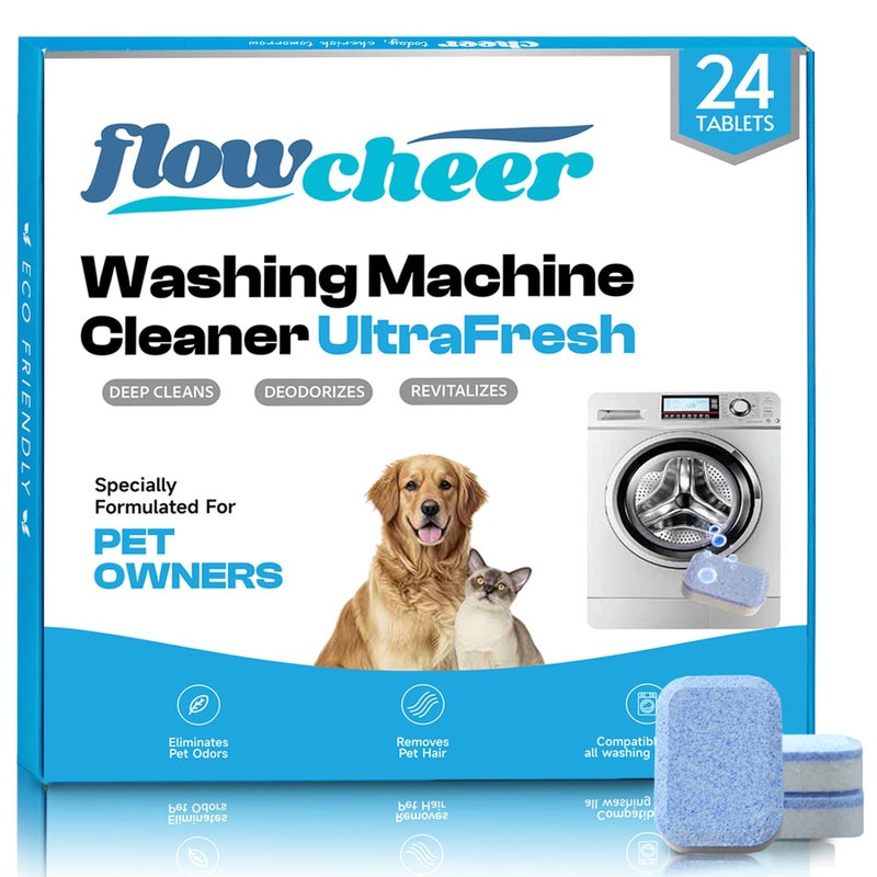 flowcheer Washing Machine Cleaner Tablets, Septic Safe Descaler for Removing Pet Hair, Odors & Residue, For Pet Owners, HE Front Load & Top Load Washers, 24 Pack (1 Year Supply) - Image 1
