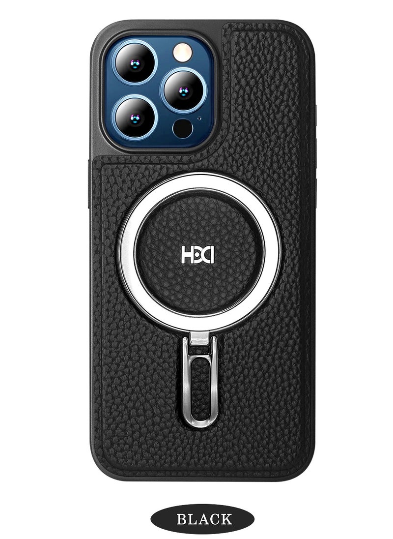HDD - Hdd Leather back cover with magnetic stand, works with wireless chargers, compatible with iPhone 15 Pro Max (black) - Image 1