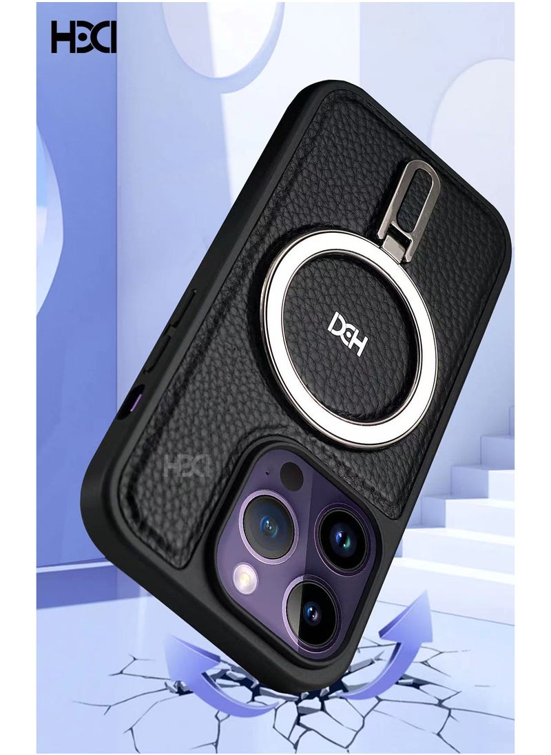 HDD - Hdd Leather back cover with magnetic stand, works with wireless chargers, compatible with iPhone 15 Pro Max (black) - Image 1