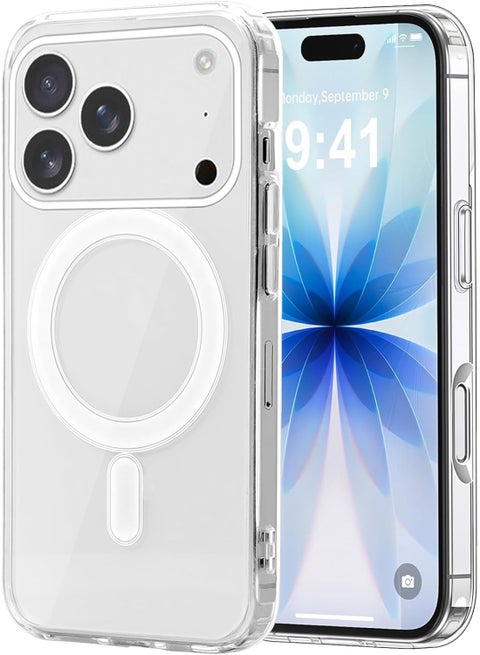 جراب مغناطيسي لموبايل ابل ايفون 17 برو 6.3 انش، متوافق مع ماج سيف، لا يصفر ابدا، جراب موبايل شفاف، مضاد للصدمات، مقاوم للخدش، جراب حماية خلفي