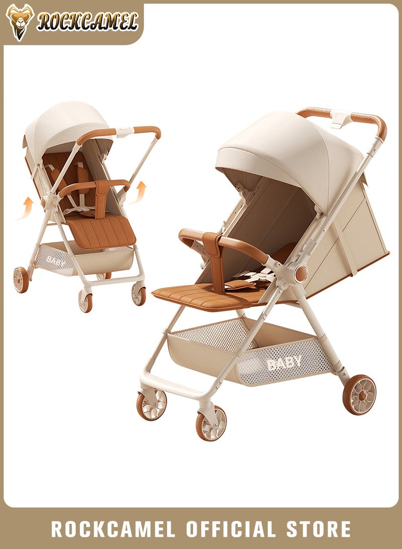 ROCKCAMEL Lightweight Travel Baby Stroller, Easy One-Hand Fold Toddler Pushchair, 360° Rotatable Seat, Multi-Recline Backrest Adjustment, Suitable For Kids Aged 0-6 Years, Milk Coffee Color - Image 1