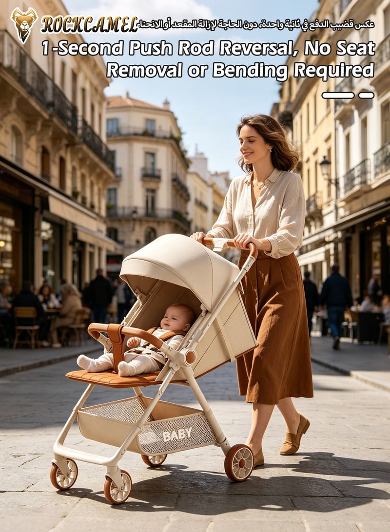 ROCKCAMEL Lightweight Travel Baby Stroller, Easy One-Hand Fold Toddler Pushchair, 360° Rotatable Seat, Multi-Recline Backrest Adjustment, Suitable For Kids Aged 0-6 Years, Milk Coffee Color - Image 2
