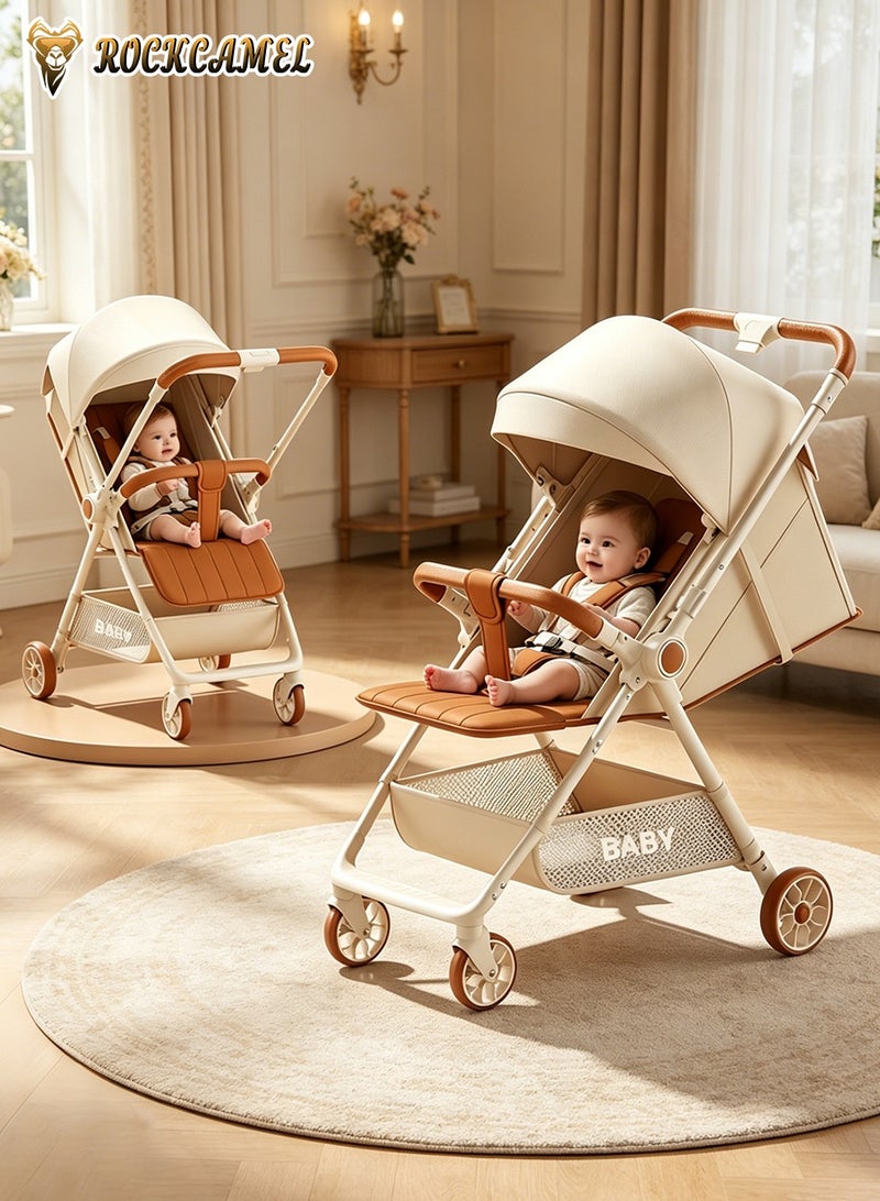 ROCKCAMEL Lightweight Travel Baby Stroller, Easy One-Hand Fold Toddler Pushchair, 360° Rotatable Seat, Multi-Recline Backrest Adjustment, Suitable For Kids Aged 0-6 Years, Milk Coffee Color - Image 3