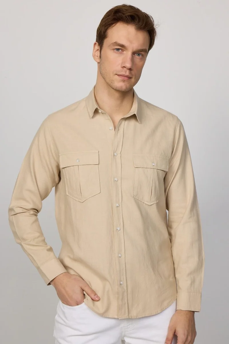 Tudors Classic Fit Double Pocket Cotton Linen Brown Men's Shirt