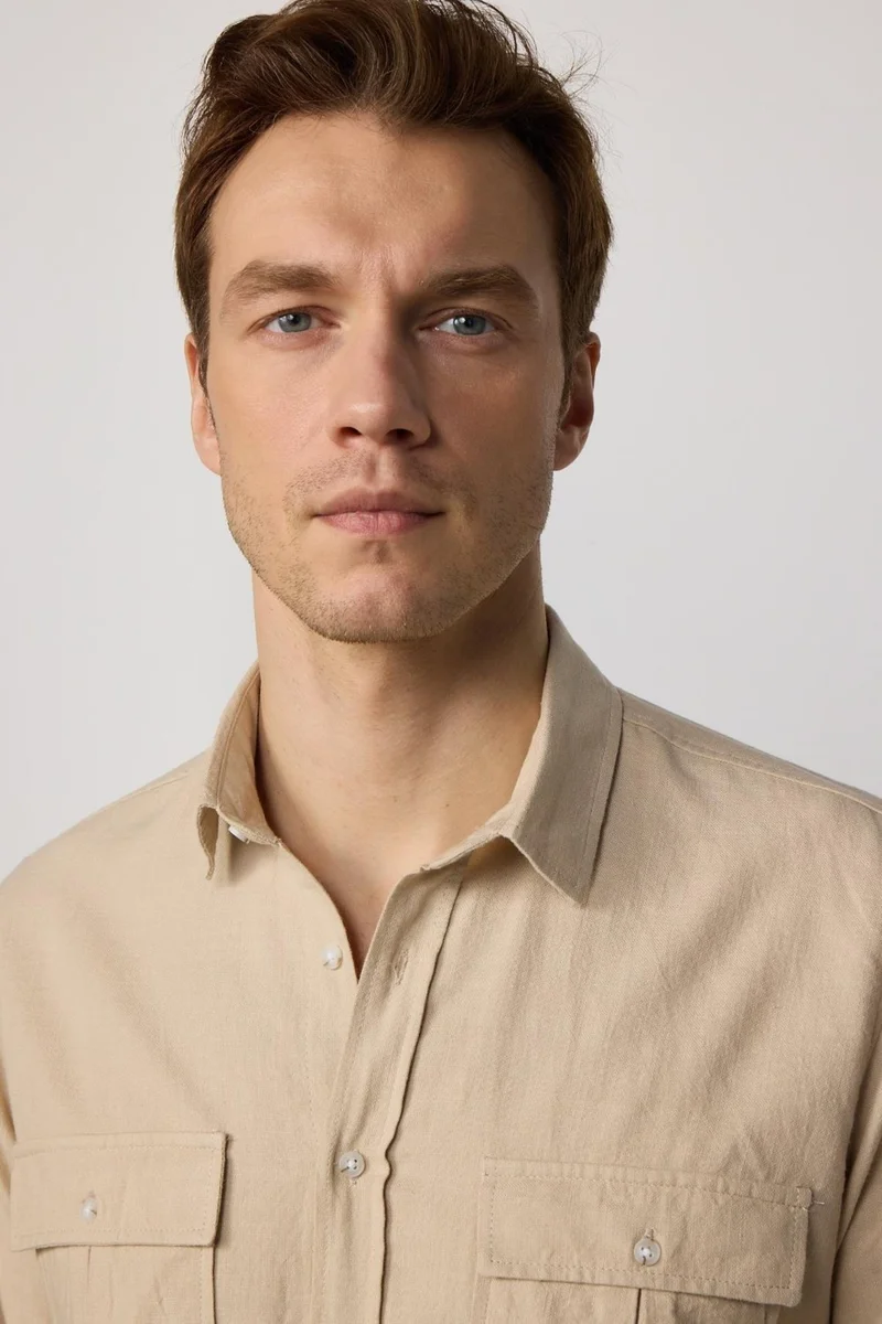 Tudors Classic Fit Double Pocket Cotton Linen Brown Men's Shirt
