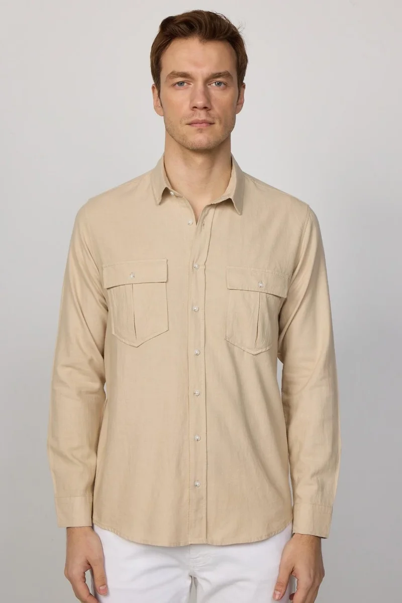 Tudors Classic Fit Double Pocket Cotton Linen Brown Men's Shirt