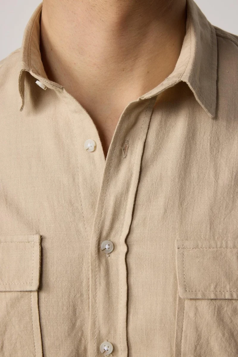 Tudors Classic Fit Double Pocket Cotton Linen Brown Men's Shirt