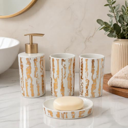 Whizzo® Modern Ceramic Bathroom Accessories Set Ceramic - 4 Pieces Bathroom Accessories Set Soap Dispenser, Toothbrush Holder, Tumbler, Soap Dish, The Best Gifting Choice (BS-810, White) - Image 1