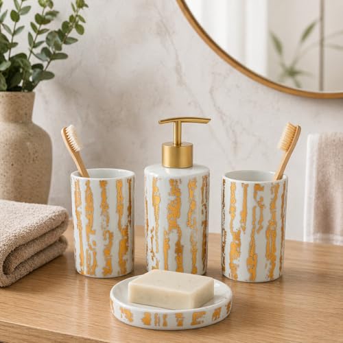 Whizzo® Modern Ceramic Bathroom Accessories Set Ceramic - 4 Pieces Bathroom Accessories Set Soap Dispenser, Toothbrush Holder, Tumbler, Soap Dish, The Best Gifting Choice (BS-810, White) - Image 3