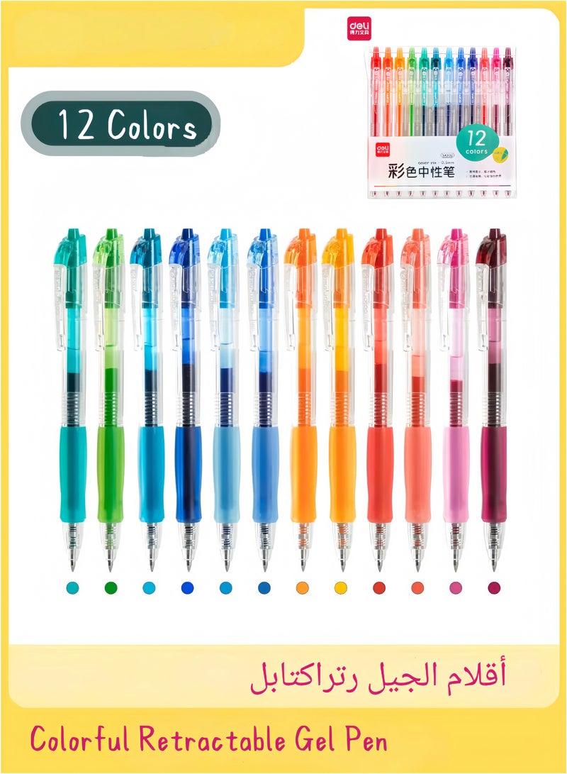 Deli 12 Colors Retractable Gel Pens, Fine Point 0.5mm Gel Pens with Comfort Grip, Assorted Color Inks for Drawing, Journaling, Note Taking, and School Supplies - Image 1
