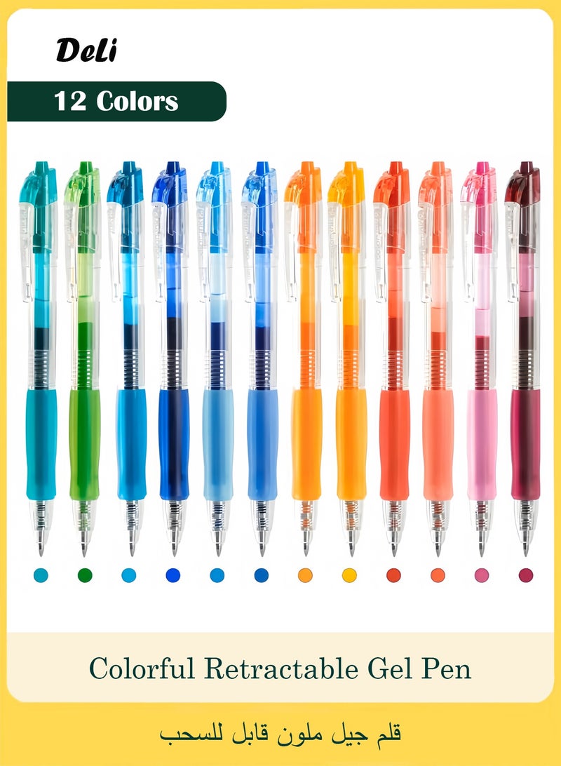 Deli 12 Colors Retractable Gel Pens, Fine Point 0.5mm Gel Pens with Comfort Grip, Assorted Color Inks for Drawing, Journaling, Note Taking, and School Supplies - Image 1