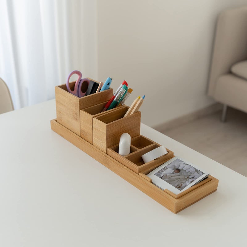 ROCDEER Bamboo Vanity Tray, 6-Piece Bathroom Countertop Vanity Tray Set, Makeup Kitchen Desk Organizer and Storage - Holds Small Items - Image 4