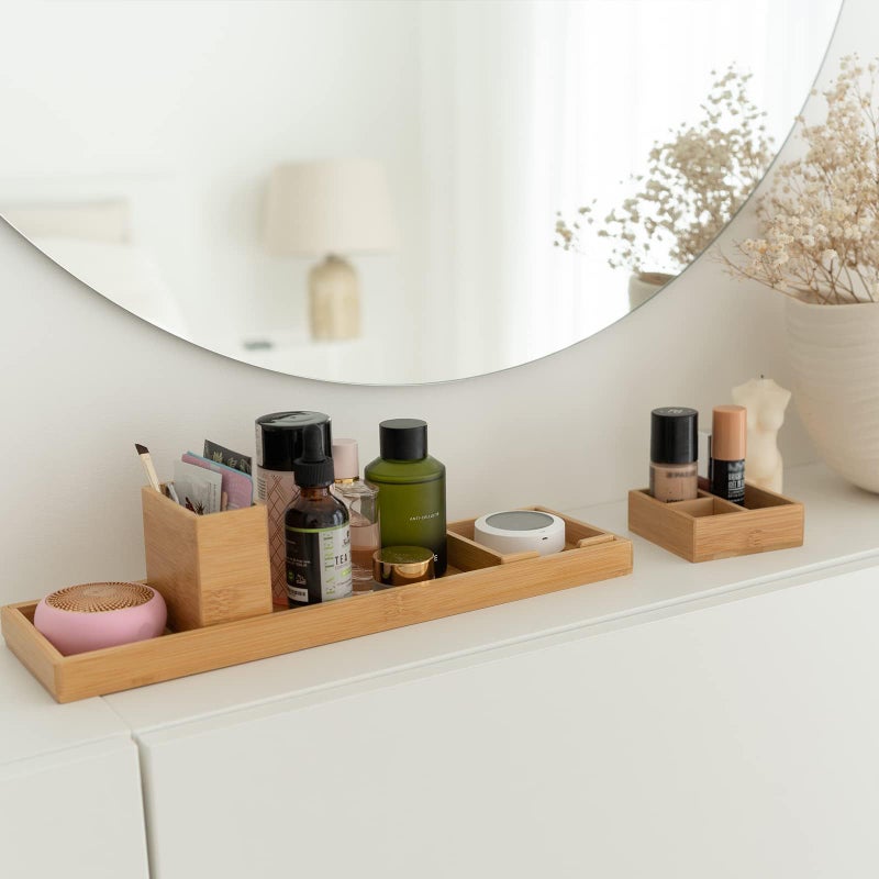 ROCDEER Bamboo Vanity Tray, 6-Piece Bathroom Countertop Vanity Tray Set, Makeup Kitchen Desk Organizer and Storage - Holds Small Items - Image 2