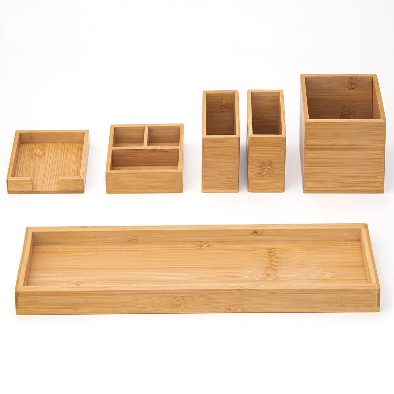 ROCDEER Bamboo Vanity Tray, 6-Piece Bathroom Countertop Vanity Tray Set, Makeup Kitchen Desk Organizer and Storage - Holds Small Items - Image 1