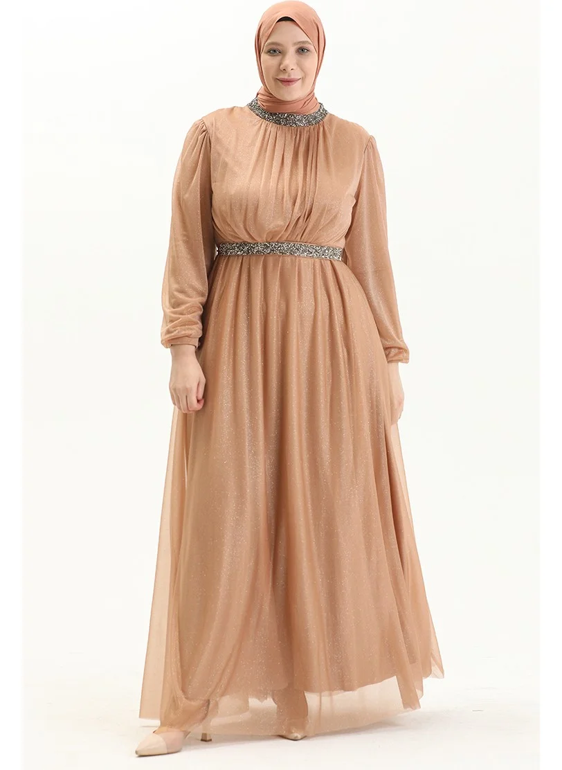 Sefa Merve Belted Glitter Evening Dress 5501-29 Milky Coffee