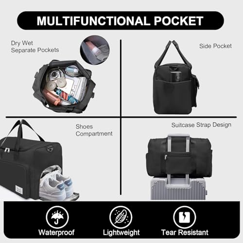Suruid Gym Bag for Women Men, Travel Duffle Bag Large Capacity Carry On Weekender Bag With Shoe Compartment Gym Tote Dry Wet Separation Duffel Bag with Makeup Bag, Black - Image 3