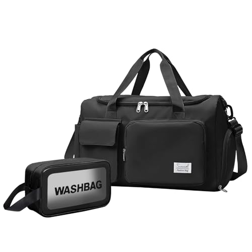 Suruid Gym Bag for Women Men, Travel Duffle Bag Large Capacity Carry On Weekender Bag With Shoe Compartment Gym Tote Dry Wet Separation Duffel Bag with Makeup Bag, Black - Image 1