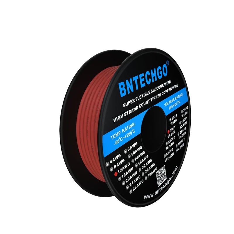 BNTECHGO 12 Gauge Silicone Wire Spool 50 ft Red Flexible 12 AWG Stranded Tinned Copper Wire - Image 2