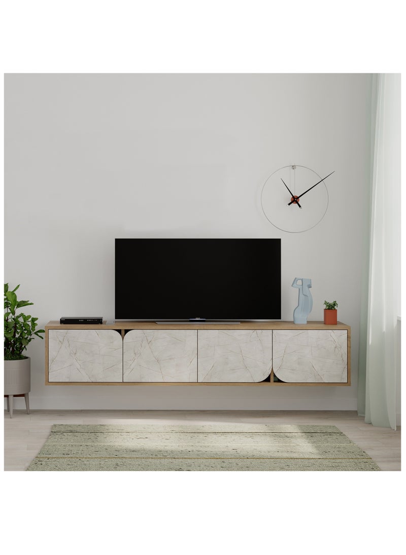 Mourah Home Spark Floating Tv Stand Cabinet Up to 70'' Inch TV| TV Unit Wall Mounted 4 Door| TV Console| 180x35.6x35 Cm| Brown/Gold Marble - Image 1