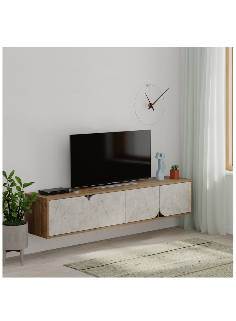Mourah Home Spark Floating Tv Stand Cabinet Up to 70'' Inch TV| TV Unit Wall Mounted 4 Door| TV Console| 180x35.6x35 Cm| Brown/Gold Marble - Image 2