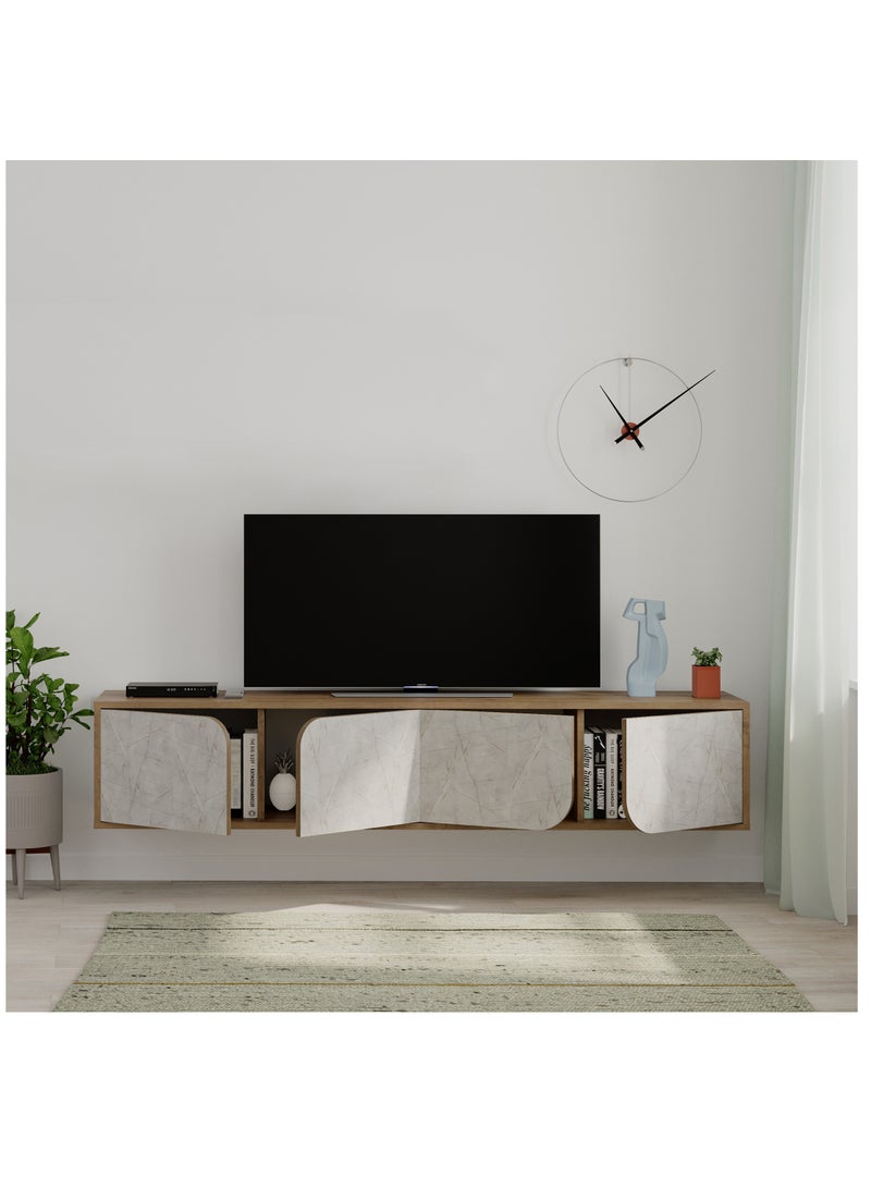 Mourah Home Spark Floating Tv Stand Cabinet Up to 70'' Inch TV| TV Unit Wall Mounted 4 Door| TV Console| 180x35.6x35 Cm| Brown/Gold Marble - Image 3
