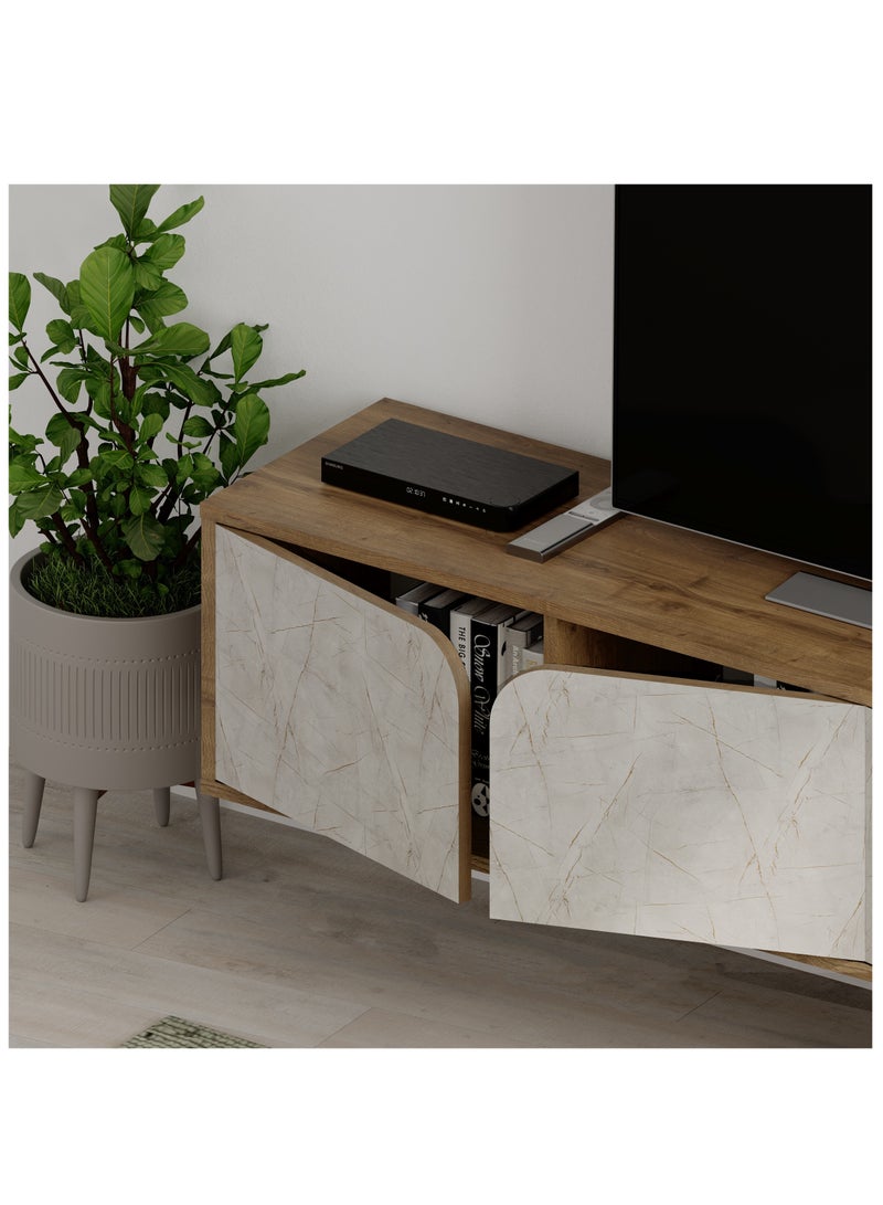 Mourah Home Spark Floating Tv Stand Cabinet Up to 70'' Inch TV| TV Unit Wall Mounted 4 Door| TV Console| 180x35.6x35 Cm| Brown/Gold Marble - Image 4