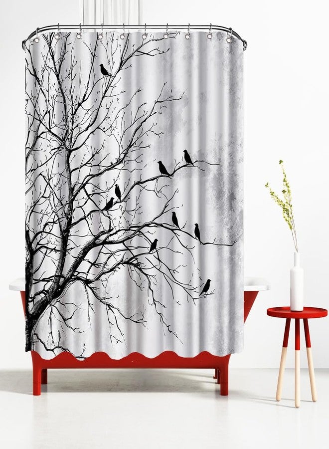 FuShvre Black and White Shower Curtain Tree and Birds Bath Curtain Nature Bathroom Decor Hooks Included 72x72 inches (Grey) - Image 3