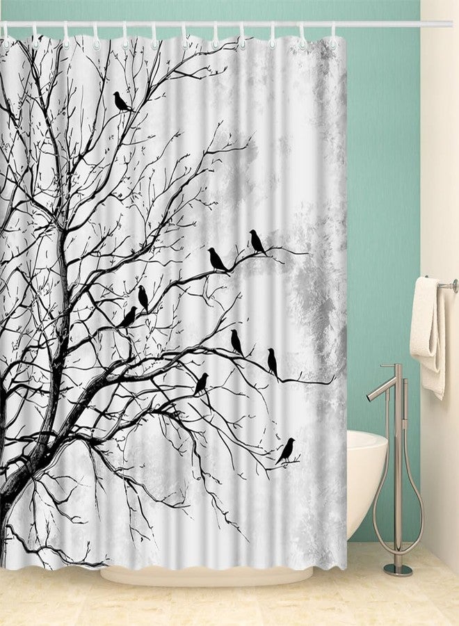 FuShvre Black and White Shower Curtain Tree and Birds Bath Curtain Nature Bathroom Decor Hooks Included 72x72 inches (Grey) - Image 2
