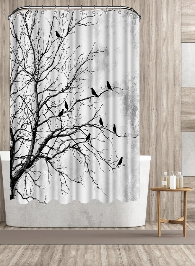 FuShvre Black and White Shower Curtain Tree and Birds Bath Curtain Nature Bathroom Decor Hooks Included 72x72 inches (Grey) - Image 5