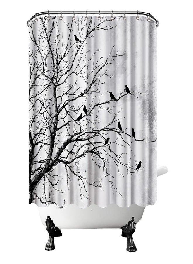 FuShvre Black and White Shower Curtain Tree and Birds Bath Curtain Nature Bathroom Decor Hooks Included 72x72 inches (Grey) - Image 1