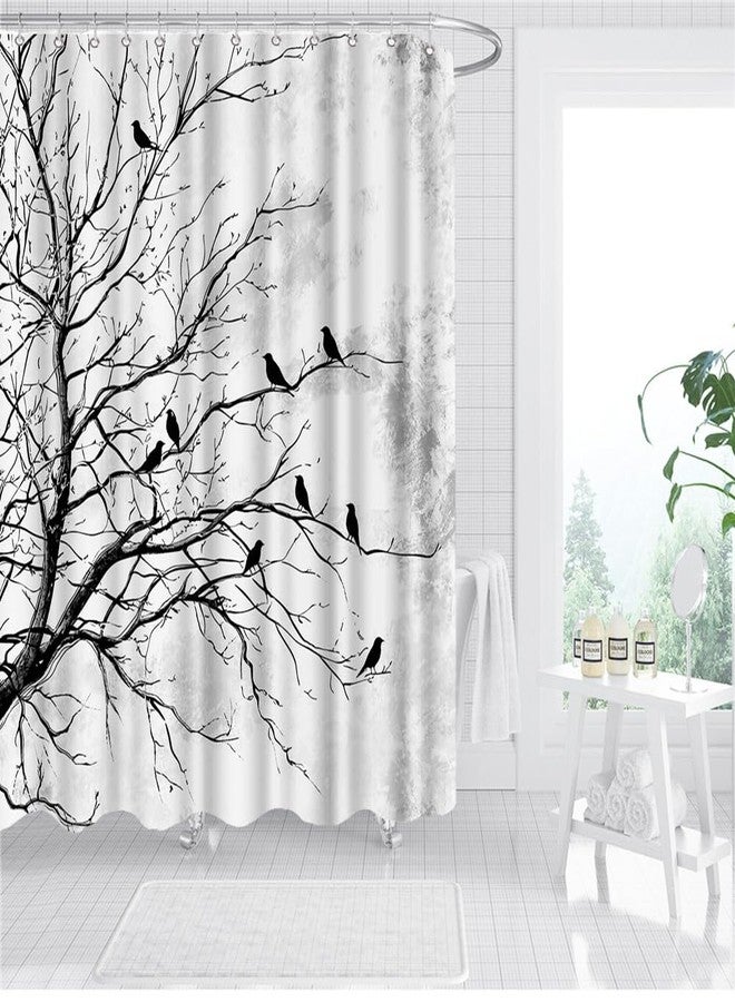 FuShvre Black and White Shower Curtain Tree and Birds Bath Curtain Nature Bathroom Decor Hooks Included 72x72 inches (Grey) - Image 4