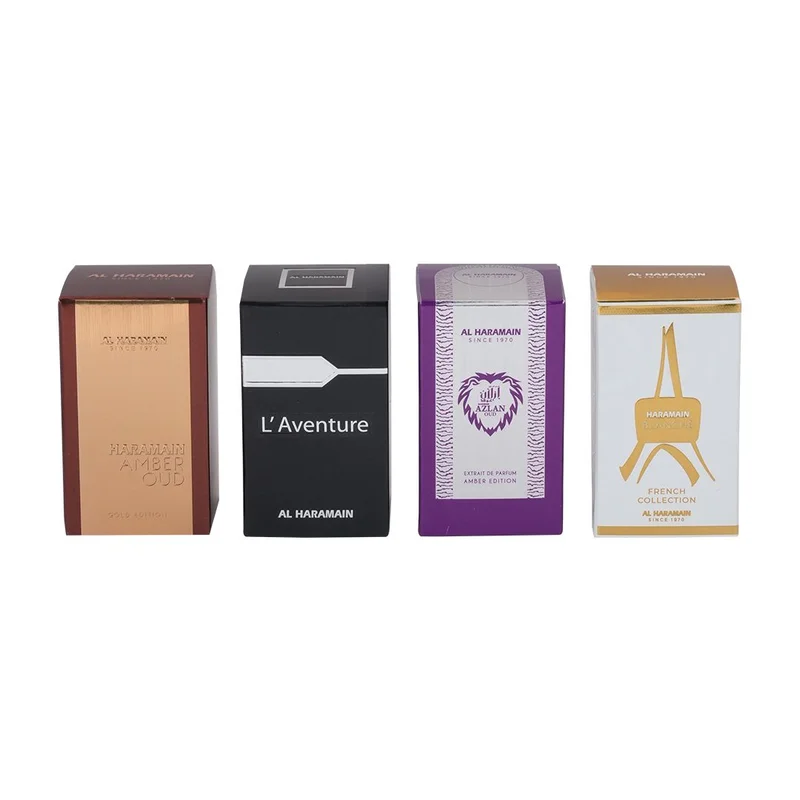 Al Haramain Al Haramain Travel Exclusive Perfume Gift Set 4 x 10ml EDP | Amber Oud Gold, L’Aventure, Azlan Bleu & Rouge | Luxury Mini Fragrance Collection for Men & Women