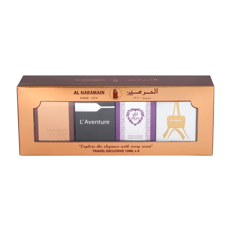 Al Haramain Al Haramain Travel Exclusive Perfume Gift Set 4 x 10ml EDP | Amber Oud Gold, L’Aventure, Azlan Bleu & Rouge | Luxury Mini Fragrance Collection for Men & Women