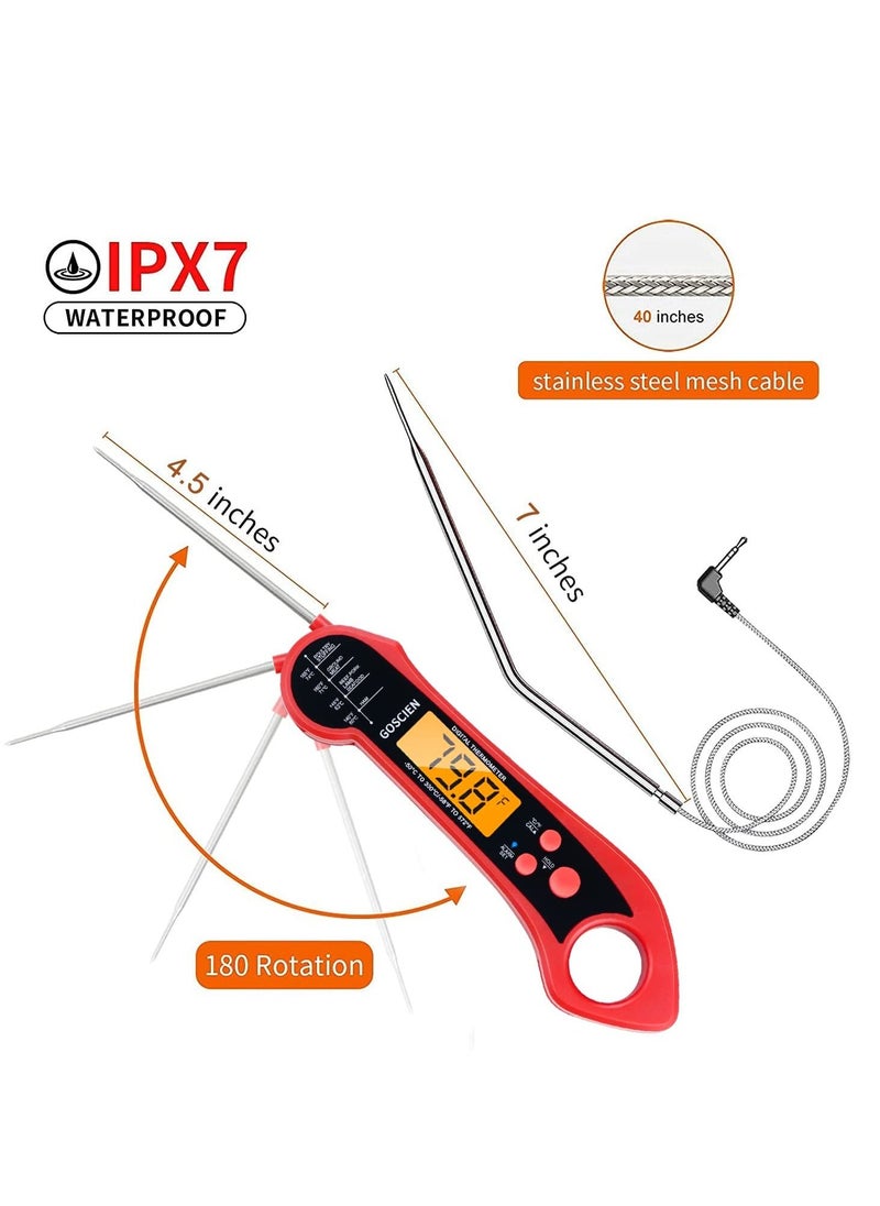 Instant Read Meat Thermometer for Cooking, Waterproof Digital Food Thermometer Dual Probe Design with Magnet, Backlight, Calibration and Foldable Probe for Deep Frying, Grill, BBQ, Kitchen