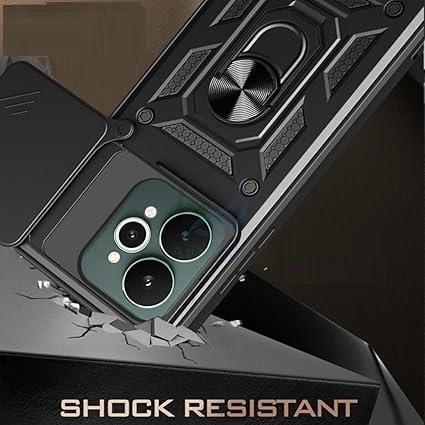 SPAZY CASE® Realme 15 Back Cover | Heavy Duty Hybrid Case with 360 Degree Rotating Finger Ring Holder + Slider Shutter Camera Protection Case for Realme 15 - Black - Image 2
