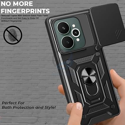 SPAZY CASE® Realme 15 Back Cover | Heavy Duty Hybrid Case with 360 Degree Rotating Finger Ring Holder + Slider Shutter Camera Protection Case for Realme 15 - Black - Image 3